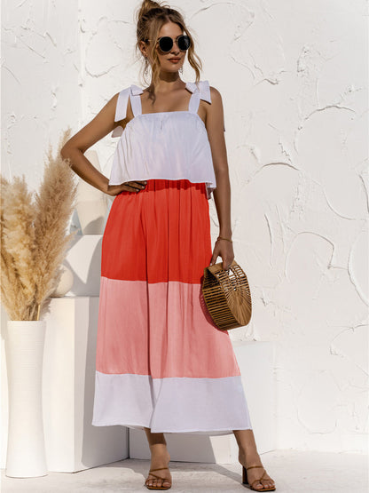 Color Block Tie Shoulder Tiered Sleeveless Midi Dress
