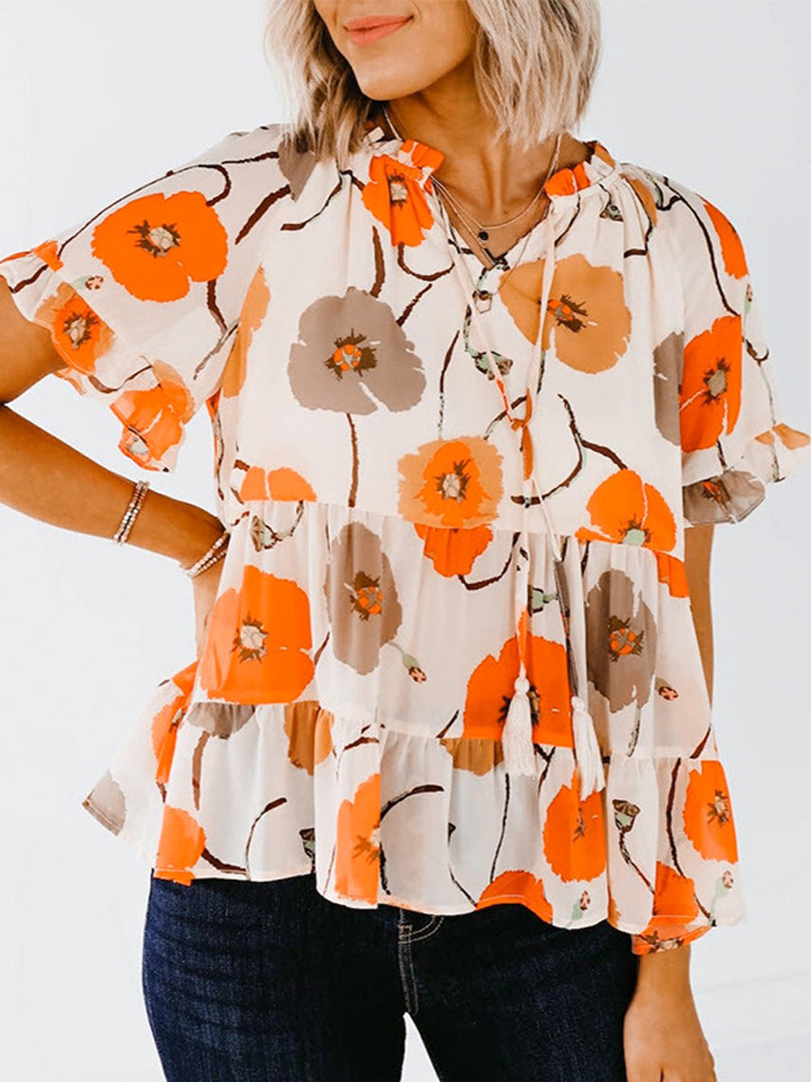 Blouses - Printed Flounce Sleeve Tie-Neck Peplum Blouse - MsDressly