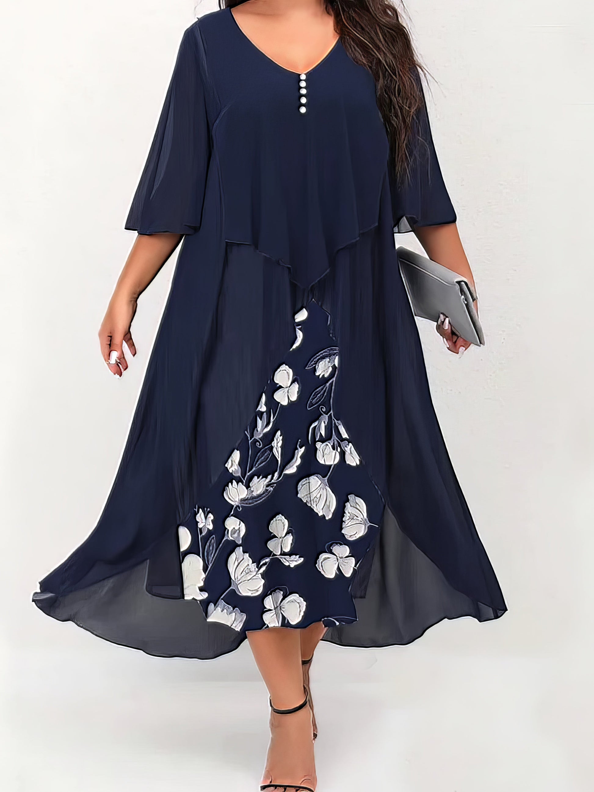 Midi Dresses - Floral Ruched Elegant Layered Formal Vacation V Neck Midi Dress - MsDressly