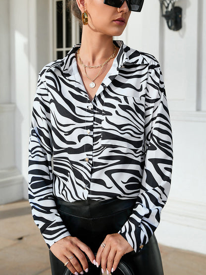 Blouses - Printed Single-Breasted Long-Sleeved Blouse - MsDressly