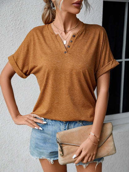 T-Shirts - Casual V Neck Button Loose Solid Color T-Shirt - MsDressly