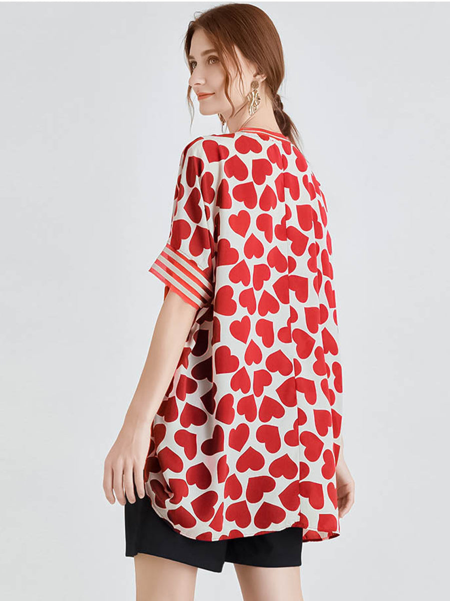 T-Shirts - Silk Print Loose Short-Sleeved T-Shirt - MsDressly