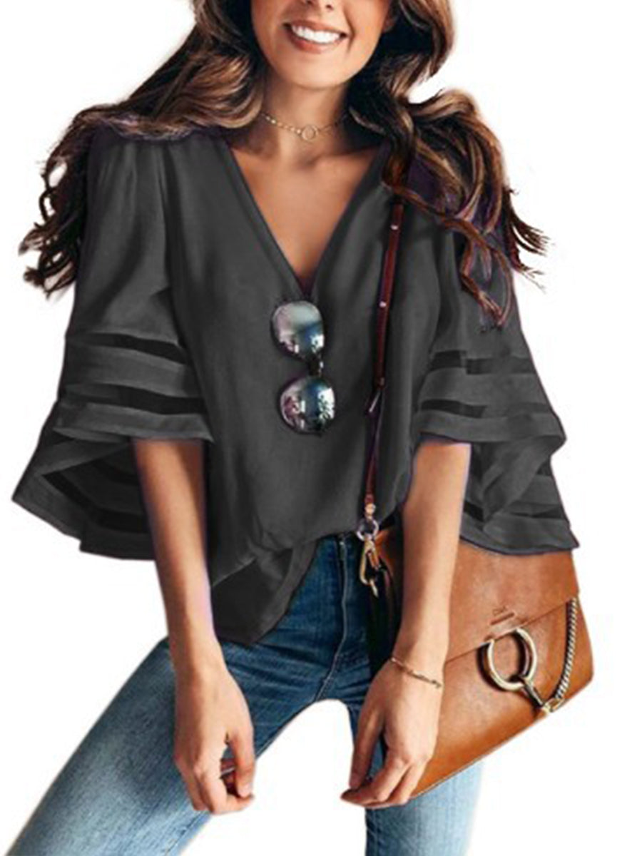 Blouses - V-Neck Mesh Flare Sleeve Chiffon Loose Blouse - MsDressly