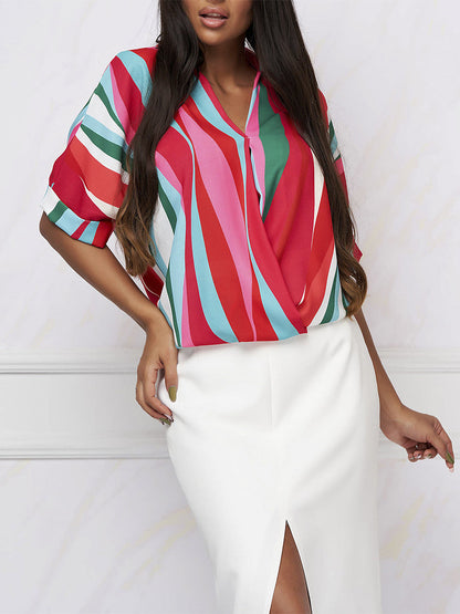 Blouses - Striped Print V Neck Loose Blouse - MsDressly