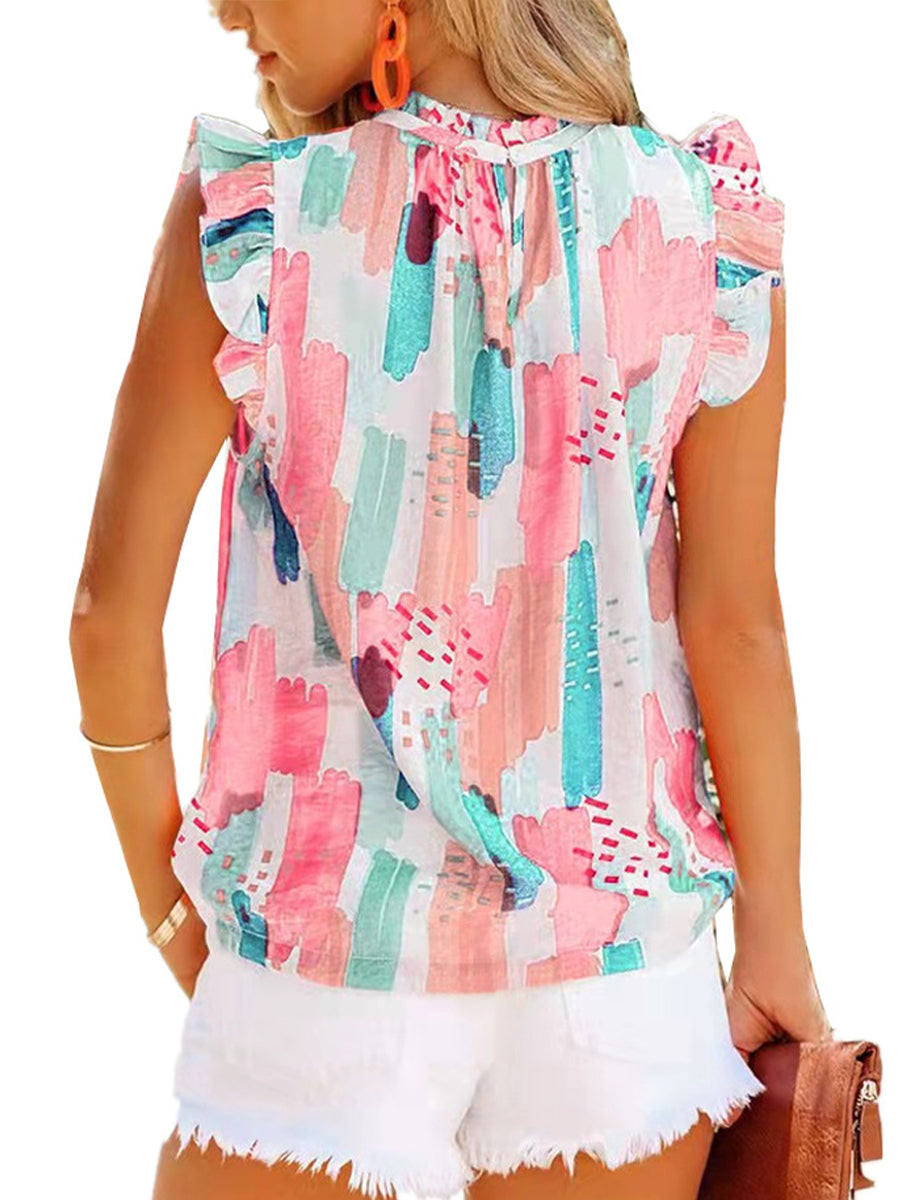 T-Shirts - Loose Printed Chiffon Round Neck Sleeveless T-Shirt - MsDressly
