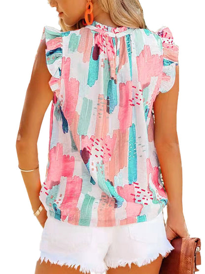 T-Shirts - Loose Printed Chiffon Round Neck Sleeveless T-Shirt - MsDressly