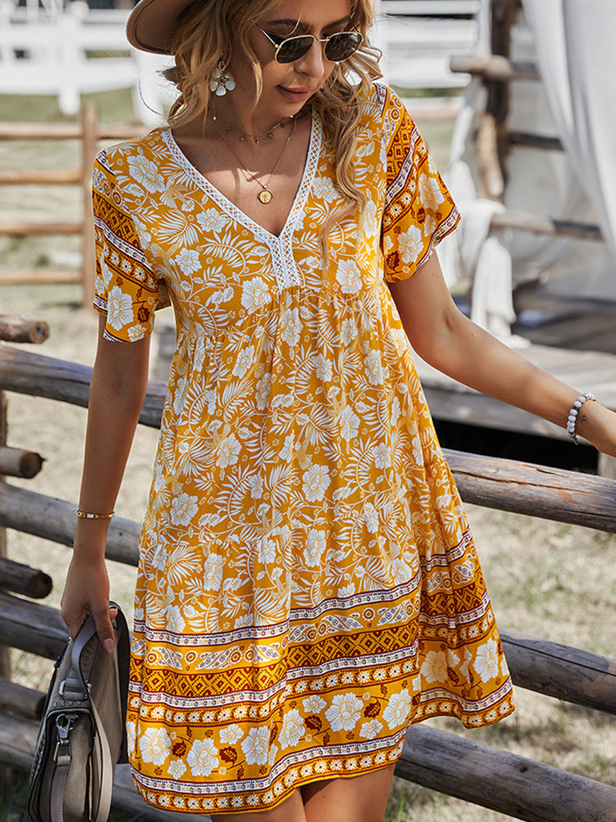 Mini Dresses - Bohemian V-Neck Short Sleeve Mini Dress - MsDressly