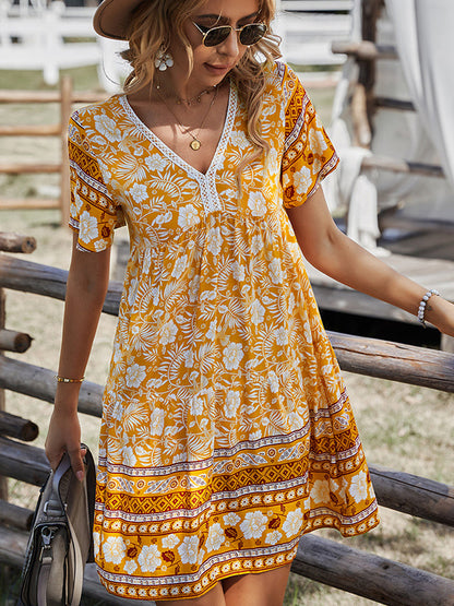Mini Dresses - Bohemian V-Neck Short Sleeve Mini Dress - MsDressly