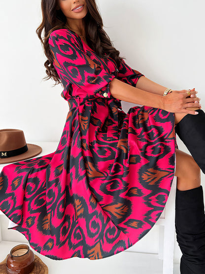 Midi Dresses - Fashion Print V Neck Long Sleeve Midi Dress - MsDressly