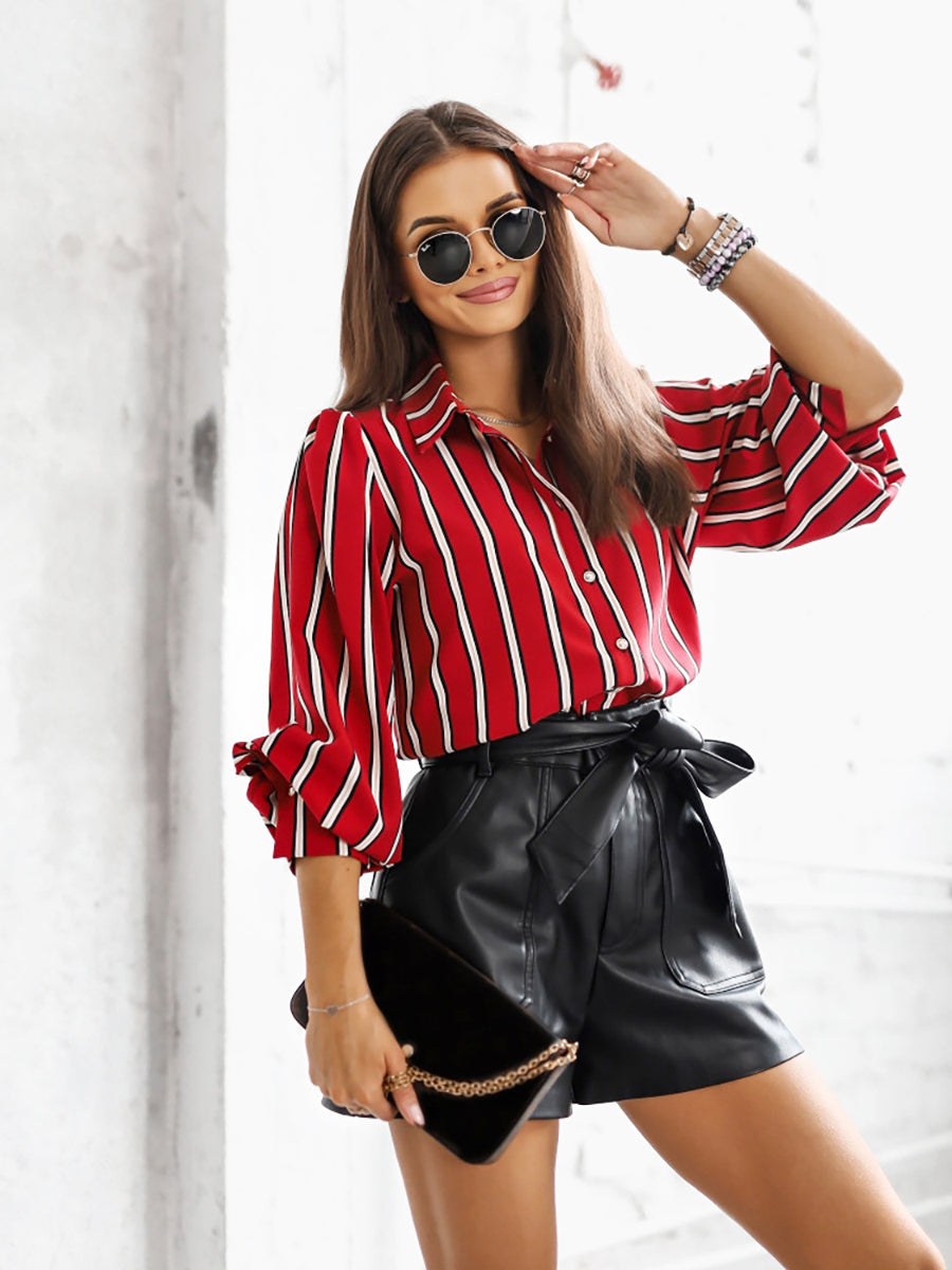 Blouses - Striped Long Sleeve Loose Comfortable Casual Blouse - MsDressly