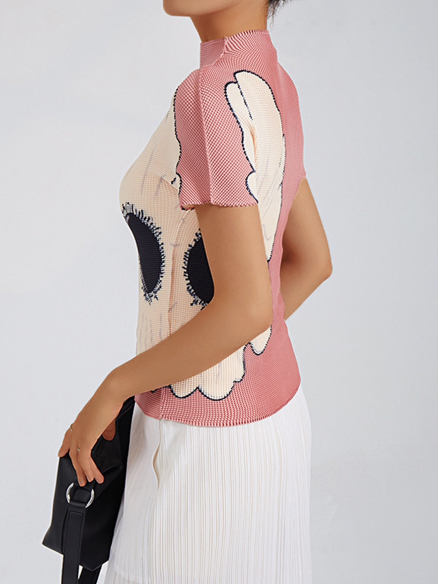 T-Shirts - Slim Pleated Elastic Print Commuting All Match Short Sleeved T-Shirt - MsDressly