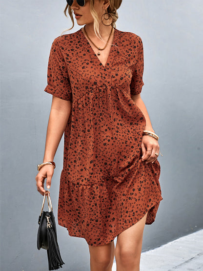Printed Stylish And Versatile V Neck Short Sleeve Midi Dress