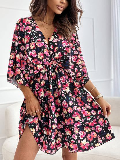 Mini Dresses - Casual Floral Deep V Waist Short Sleeve Mini Dress - MsDressly
