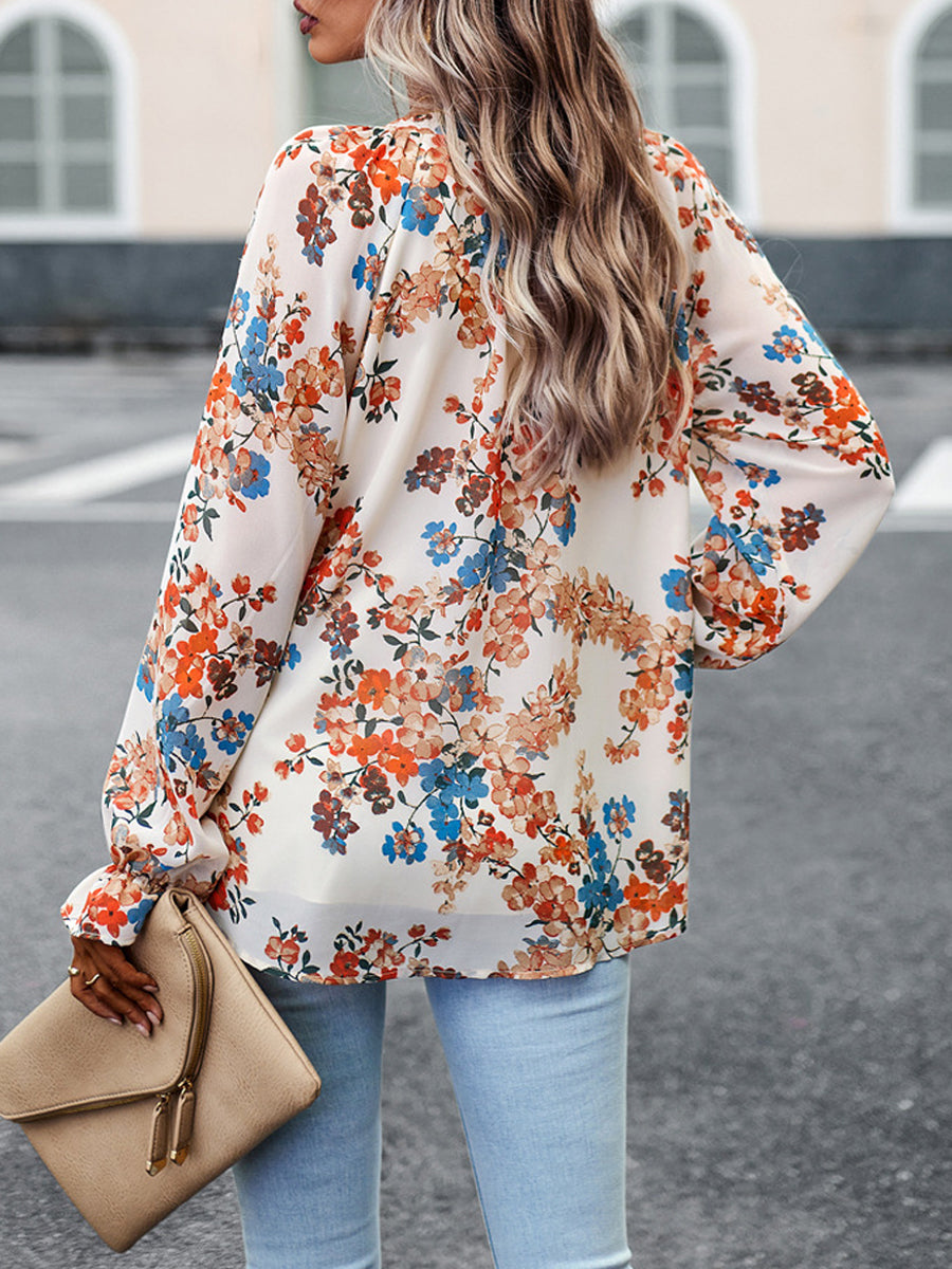 Blouses - Commuting Elegant Printed Button V Neck Long Sleeved Blouse - MsDressly
