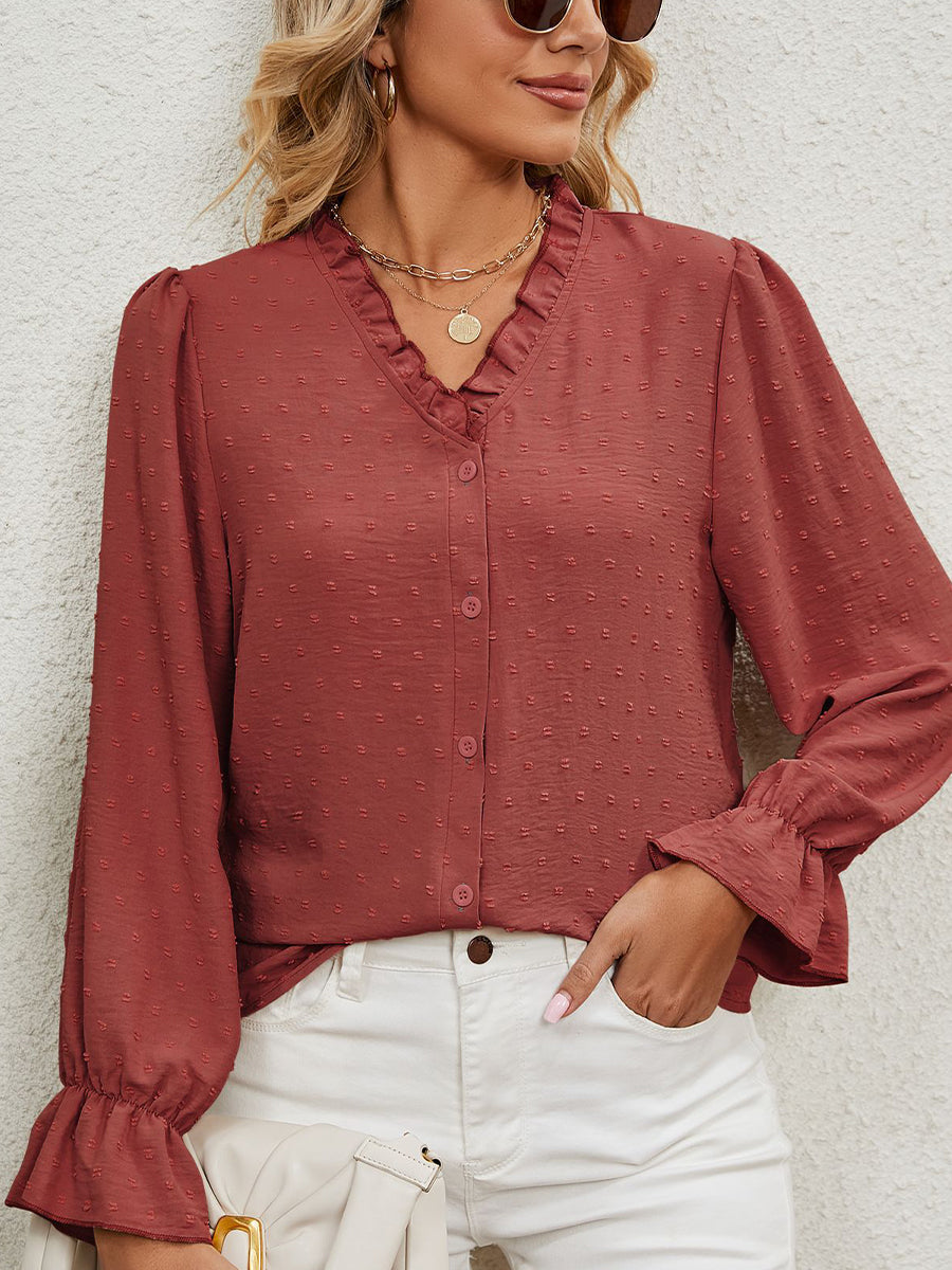 Blouses - V Neck Solid Color Cut Flower Chiffon Blouse - MsDressly