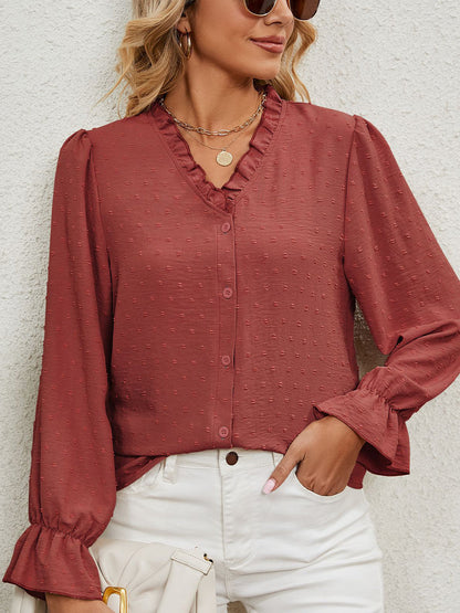 Blouses - V Neck Solid Color Cut Flower Chiffon Blouse - MsDressly
