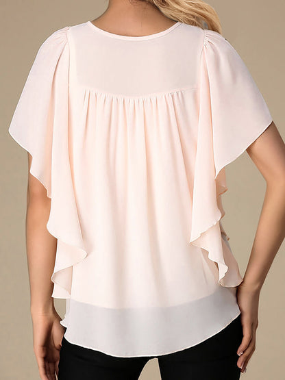 Blouses - Solid Color Round Neck Short Sleeve Loose Chiffon Blouse - MsDressly