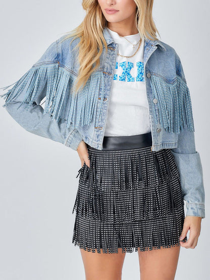 Coats - Stylish Lapel Fringed Cropped Denim Coat - MsDressly
