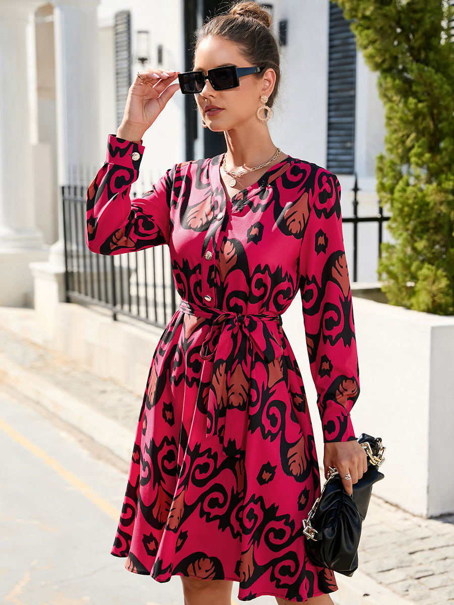 Mini Dresses - Sexy Buttons Printed Long Sleeved Mini Dress - MsDressly