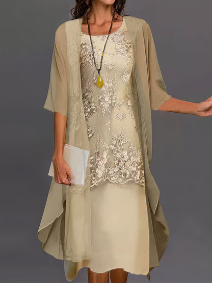 Midi Dresses - Lace Floral Embroidered Layered Patchwork Crew Neck Elegant Midi Dress - MsDressly