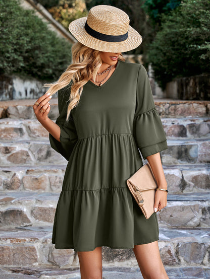 Mini Dresses - V-Neck Solid Color Loose Fashion Mini Dress - MsDressly