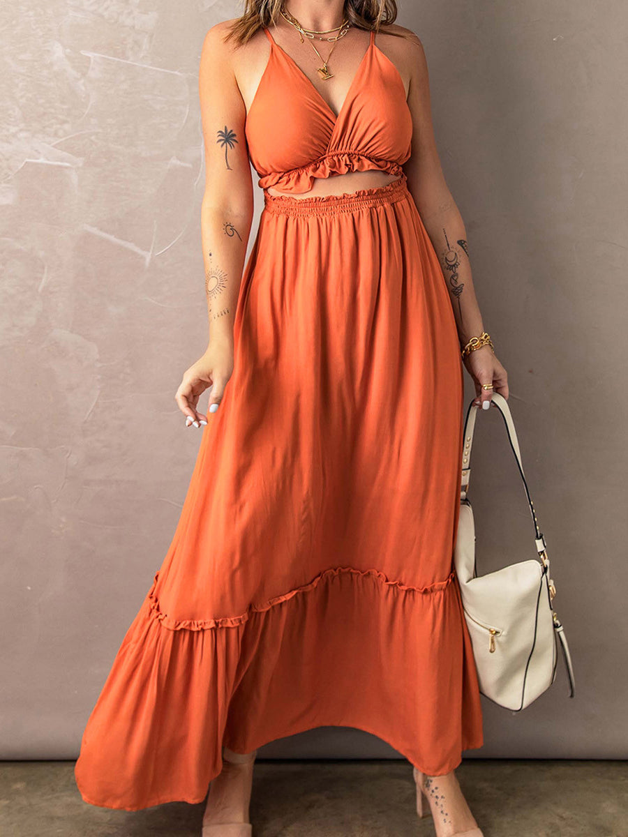 Maxi Dresses - Frill Trim Cutout Spaghetti Strap Maxi Dress - MsDressly