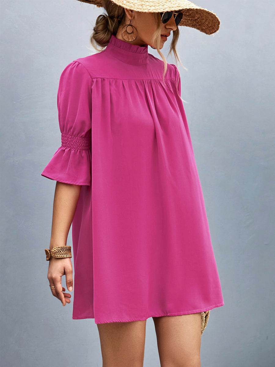 Mini Dresses - Loose Casual Solid Color  With Stand Collar Stylish Mini Dress - MsDressly