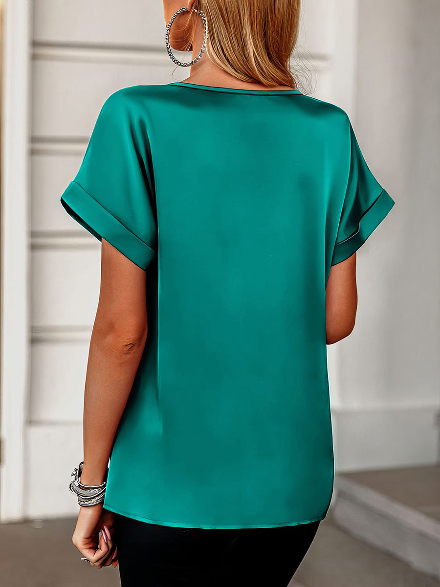 T-Shirts - V Neck Pocket Rolled Short Sleeve Loose Casual T-Shirt - MsDressly