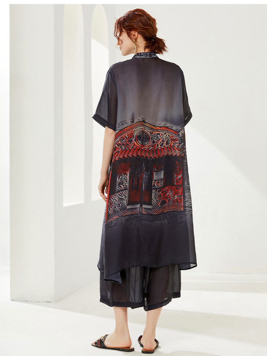 Plus Sets - Size Curve Sets Plus Size Casual Round Neck Printed Button Chiffon Two Piece Set - MsDressly