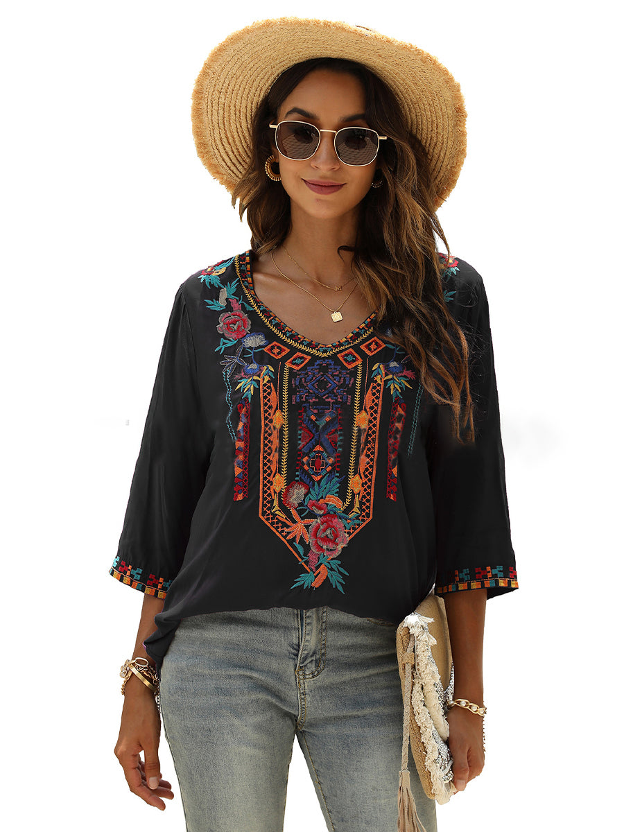 Blouses - Fashion Embroidered Flowers V-neck Versatile Blouse - MsDressly