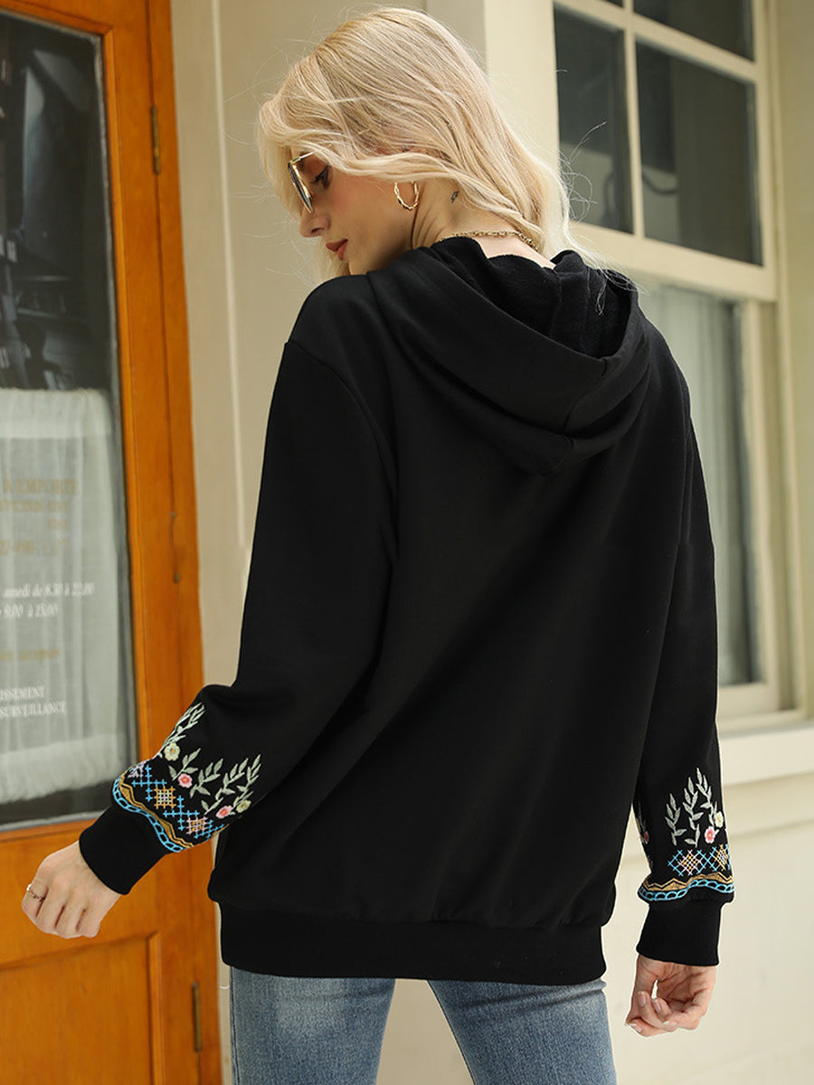 Hoodies - Loose Embroidery Long Sleeve Hoodie - MsDressly