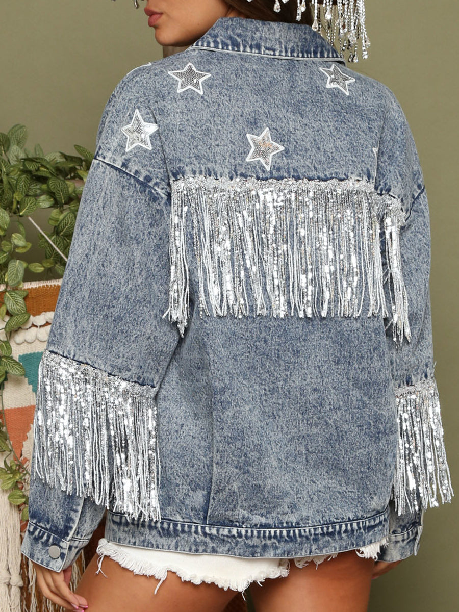 Coats - Vintage Sequin Tassel Loose Lapel Denim Coat - MsDressly