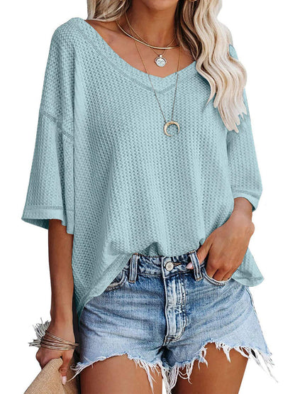 Blouses - Causual Waffle Knit Loose Tunic V Neck Short Sleeve Blouse - MsDressly
