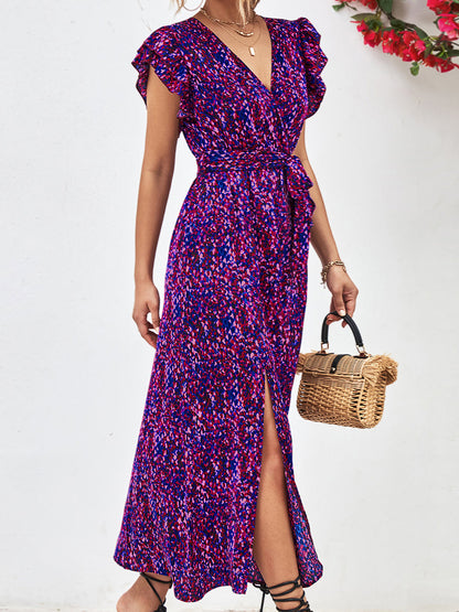 Midi Dresses - Printed Surplice Neck Flutter Sleeve Slit Midi Dress - MsDressly