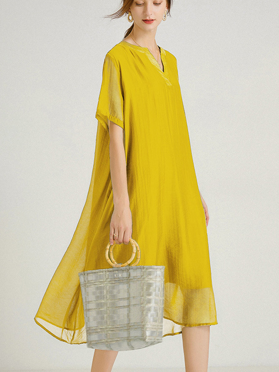 Plus Midi Dresses - Size Curve Dresses Large Size V-Neck Short Sleeve Silk Loose Midi Dress - MsDressly