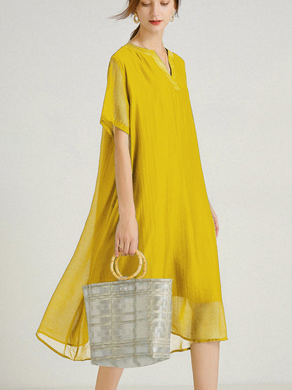 Plus Midi Dresses - Size Curve Dresses Large Size V-Neck Short Sleeve Silk Loose Midi Dress - MsDressly