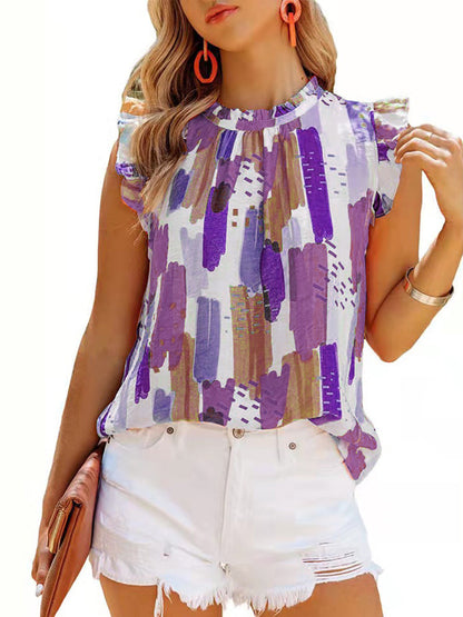 T-Shirts - Loose Printed Chiffon Round Neck Sleeveless T-Shirt - MsDressly