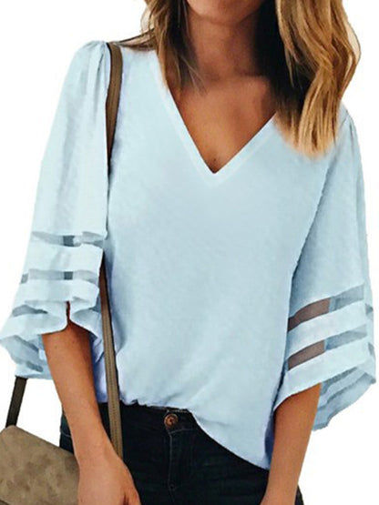 Blouses - V-Neck Mesh Flare Sleeve Chiffon Loose Blouse - MsDressly