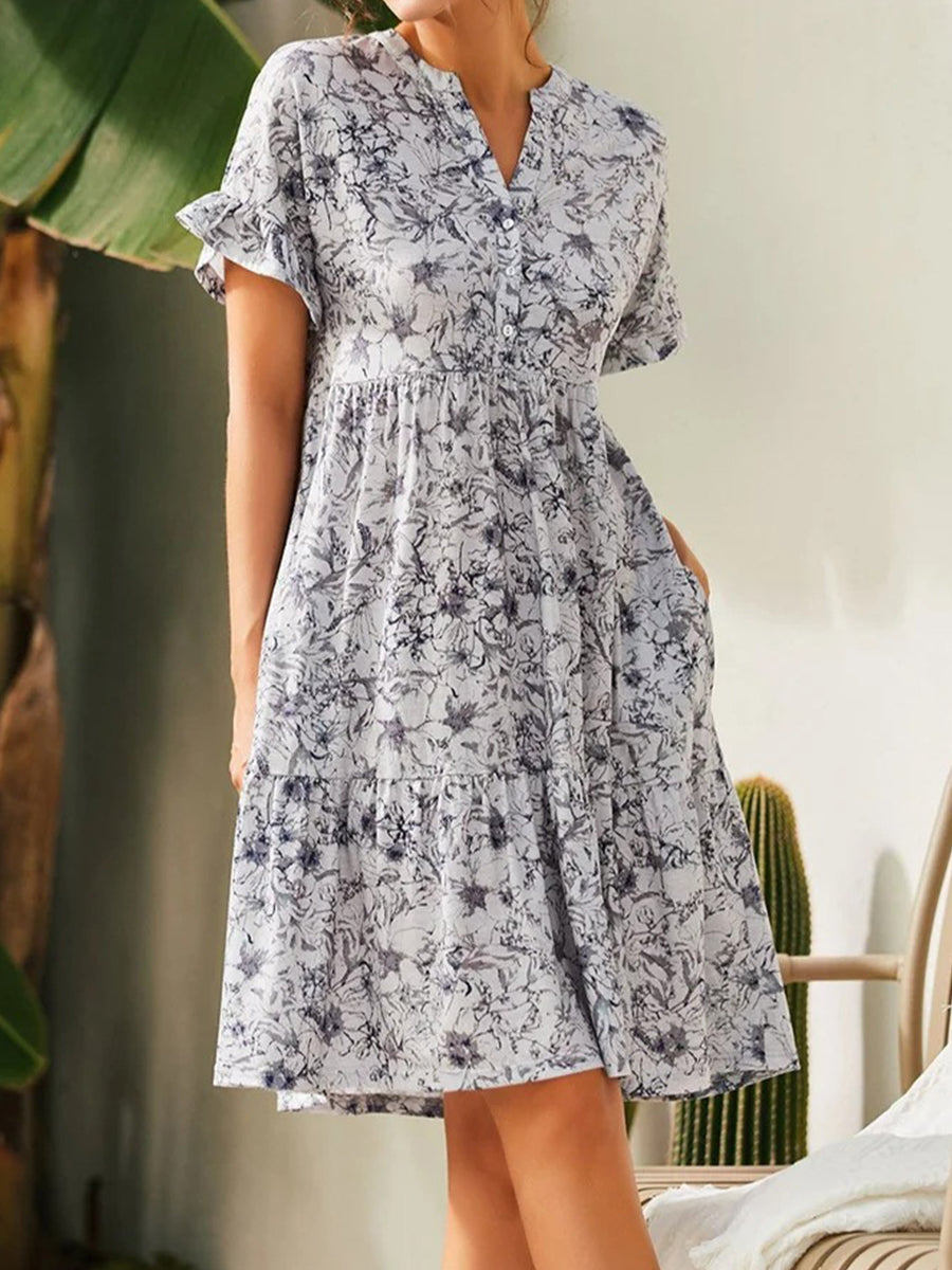 V Neck Button Print Loose Casual Mini Dress