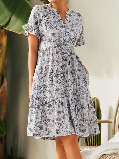 Mini Dresses - V Neck Button Print Loose Casual Mini Dress - MsDressly