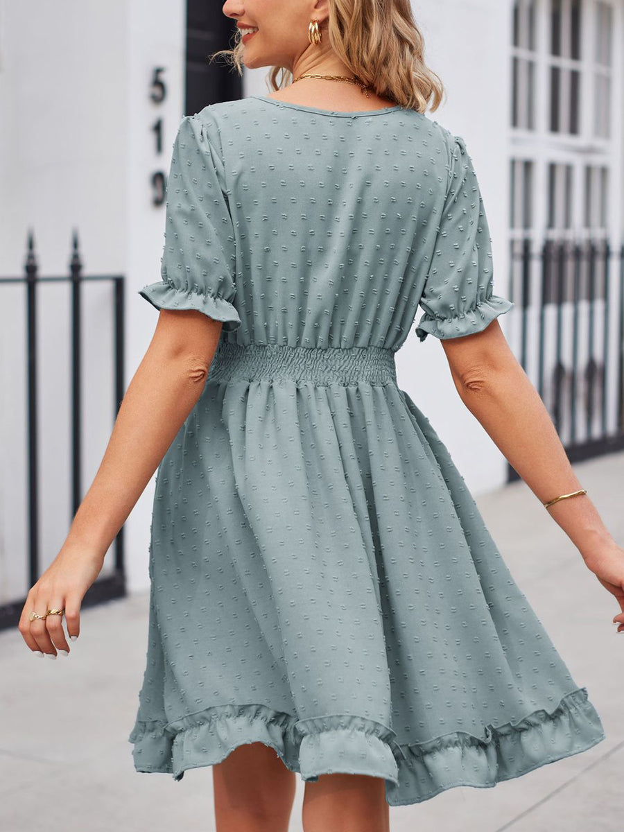 Mini Dresses - Jacquard V Neck Waist Slim Beach Casual Fashion Mini Dress - MsDressly