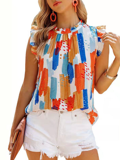 T-Shirts - Loose Printed Chiffon Round Neck Sleeveless T-Shirt - MsDressly