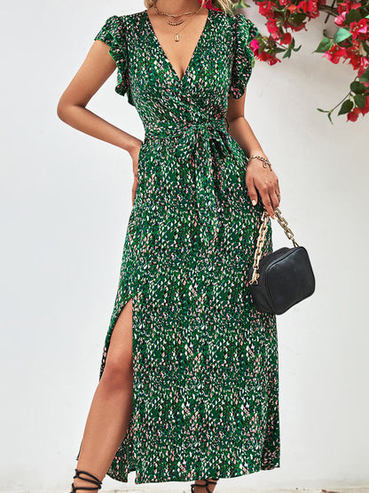 Printed Surplice Neck Flutter Sleeve Slit Midi Dress
