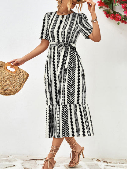 Midi Dresses - Striped Tie Belt Round Neck Puff Sleeve Midi Dress - MsDressly