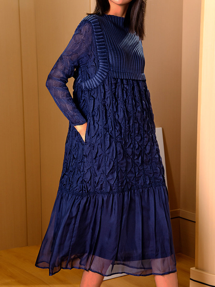 Midi Dresses - Plus Size Pleated Slim Round Neck Midi Dress - MsDressly