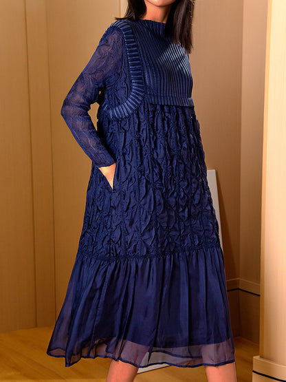 Midi Dresses - Plus Size Pleated Slim Round Neck Midi Dress - MsDressly