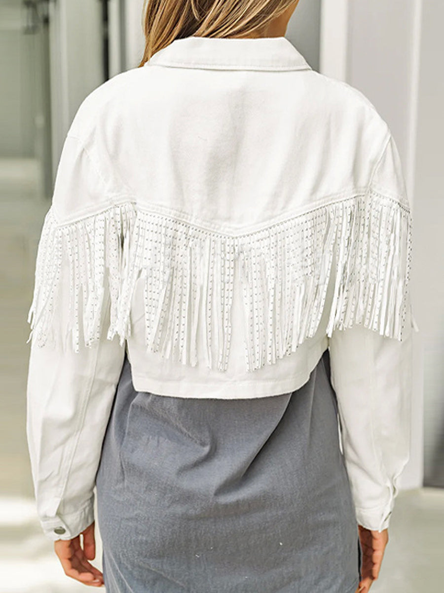Coats - Stylish Lapel Fringed Cropped Denim Coat - MsDressly