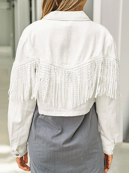 Coats - Stylish Lapel Fringed Cropped Denim Coat - MsDressly
