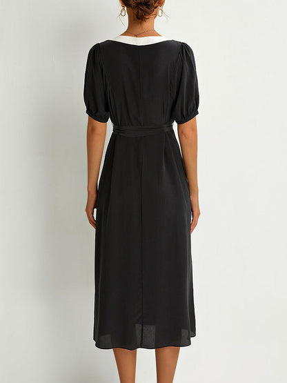 Midi Dresses - Solid Color French Temperament V-Neck Midi Dress - MsDressly