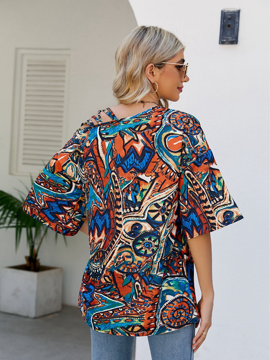 T-Shirts - Oblique Shoulder Print Bands Bandage Loose T-Shirt - MsDressly